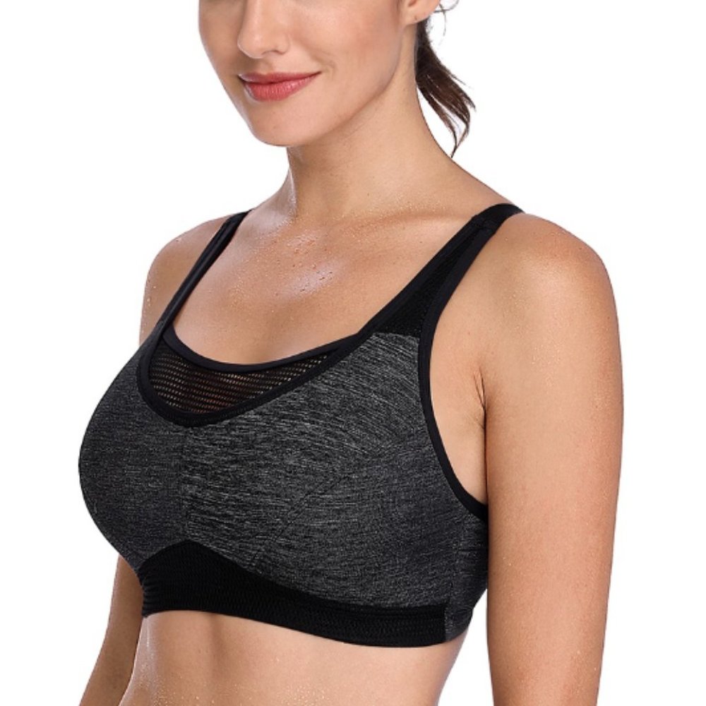 Wireless Padded Sports Bra Mesh Black & Gray Adjustable Straps SZ LARGE NEW
